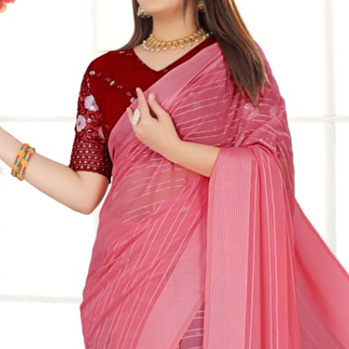 Gajari Pink Zari Striped Chiffon Saree With Tassels