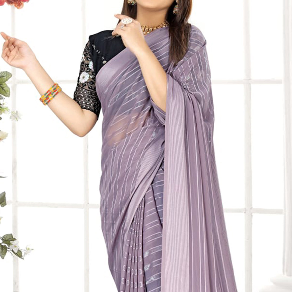 Light Purple Zari Striped Chiffon Saree With Tassels