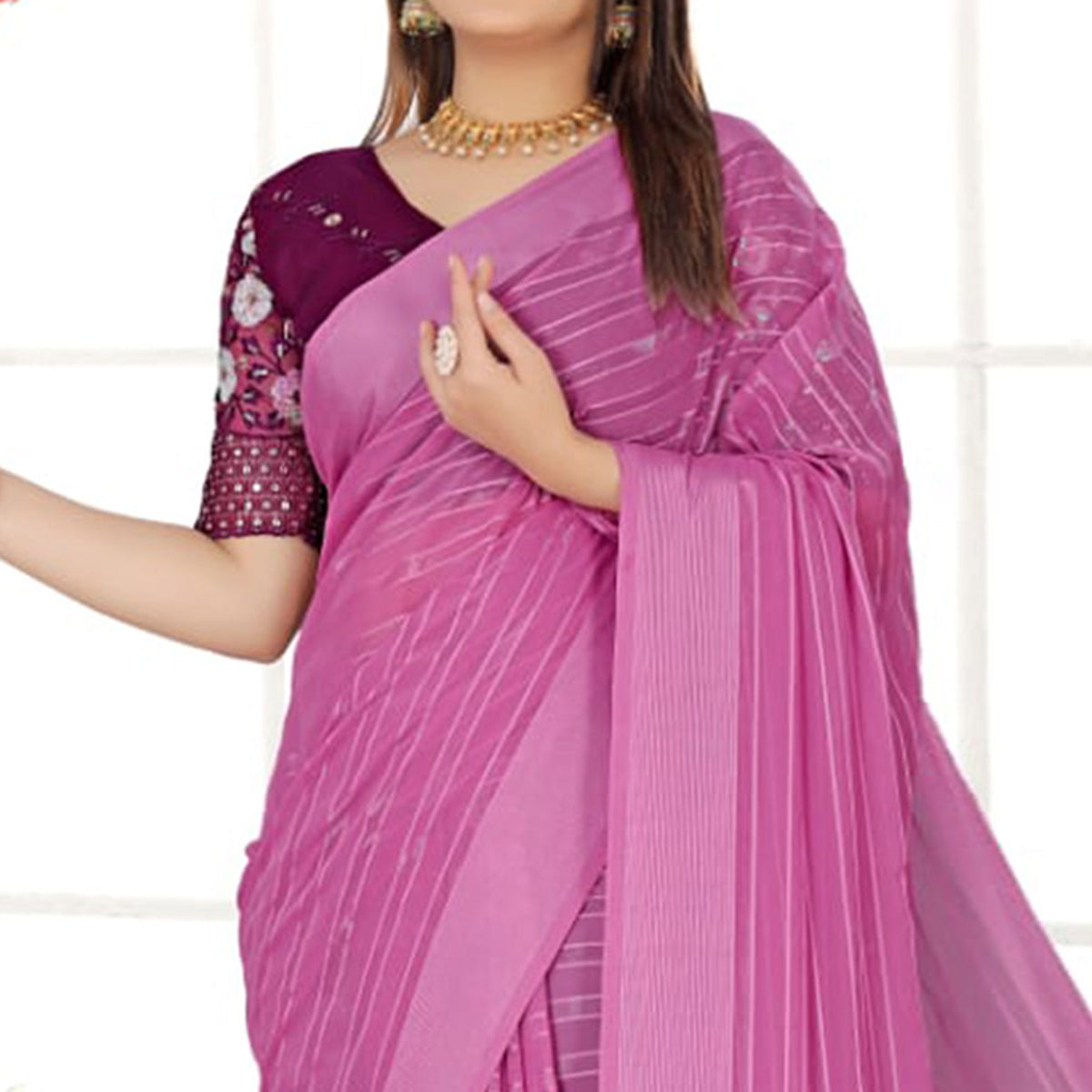 Pink Zari Striped Chiffon Saree With Tassels