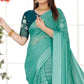 Turquoise Zari Striped Chiffon Saree With Tassels