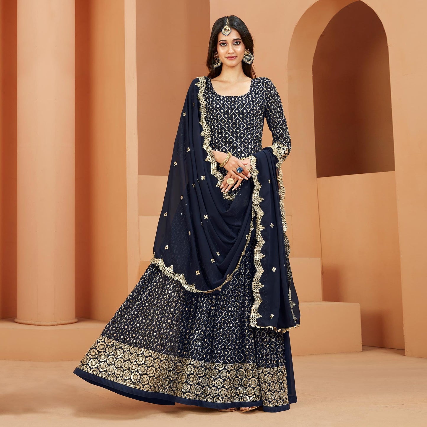 Blue Sequins Embroidered Georgette Semi Stitched Anarkali Suit