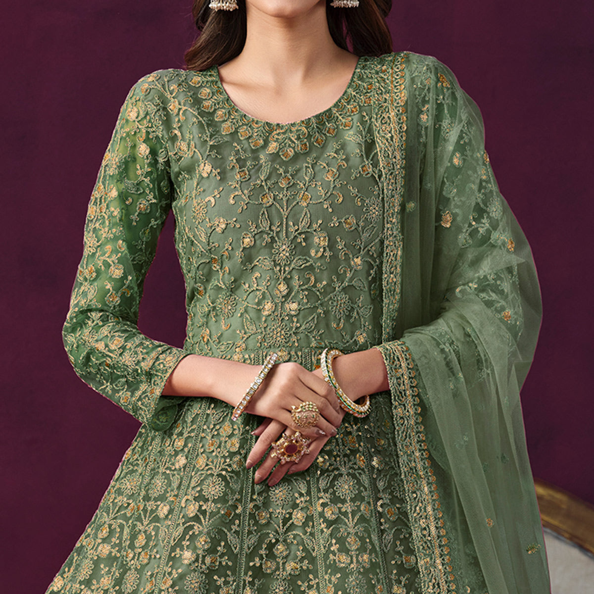 Green Floral Embroidered Net Semi Stitched Anarkali Suit