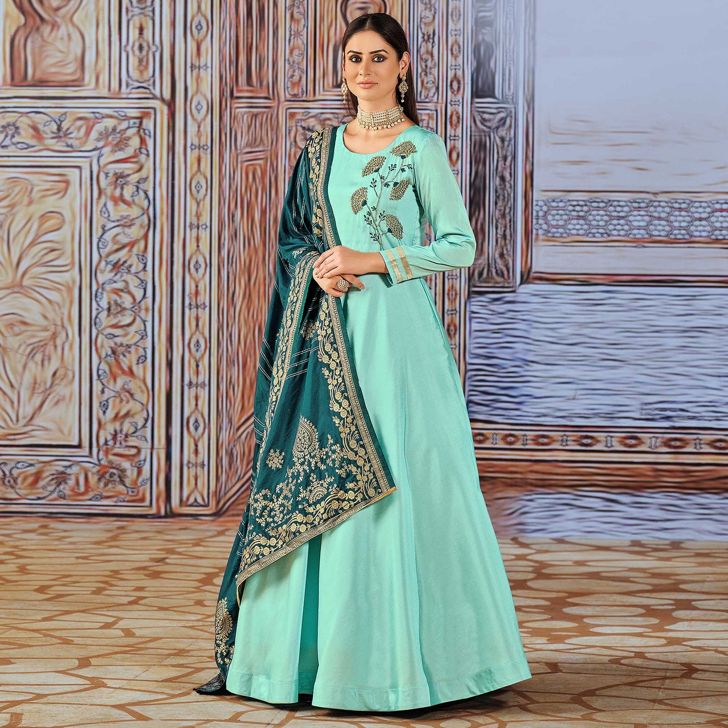 Turquoise Handwork Embroidered Art Silk Anarkali Suit