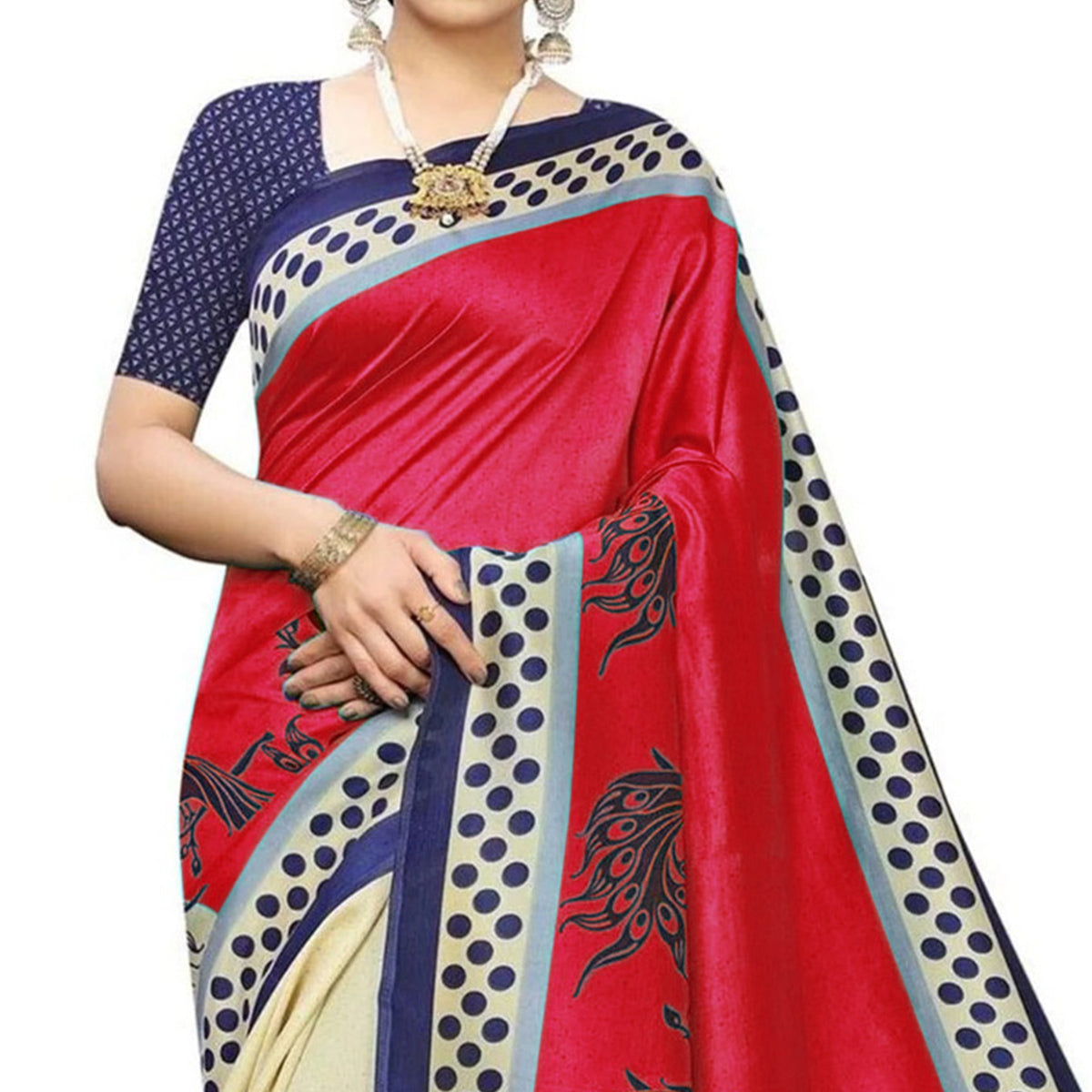 Cream Red Printed Art Silk Half N Half Saree