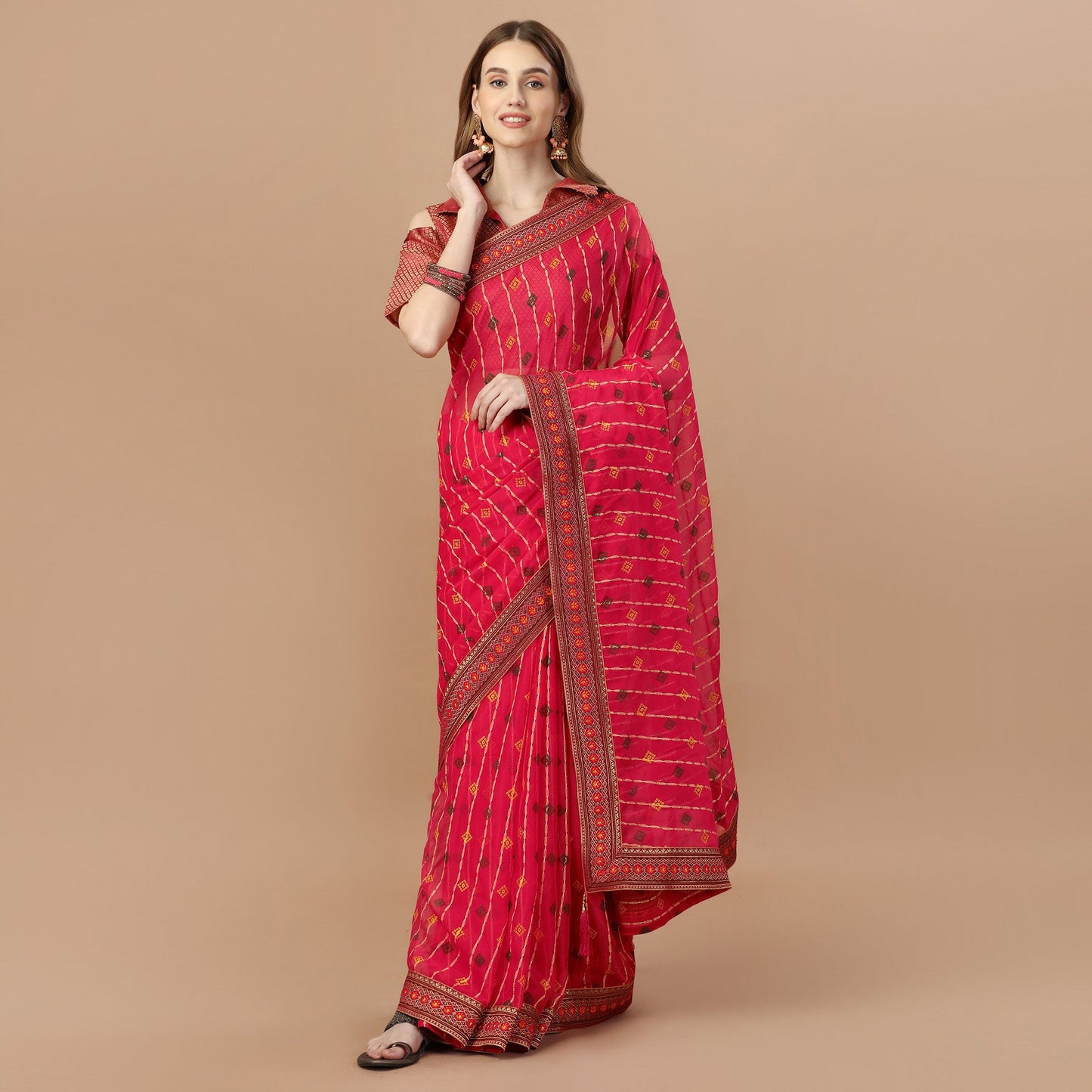 Pink Foil Printed Chiffon Saree With Lace Border