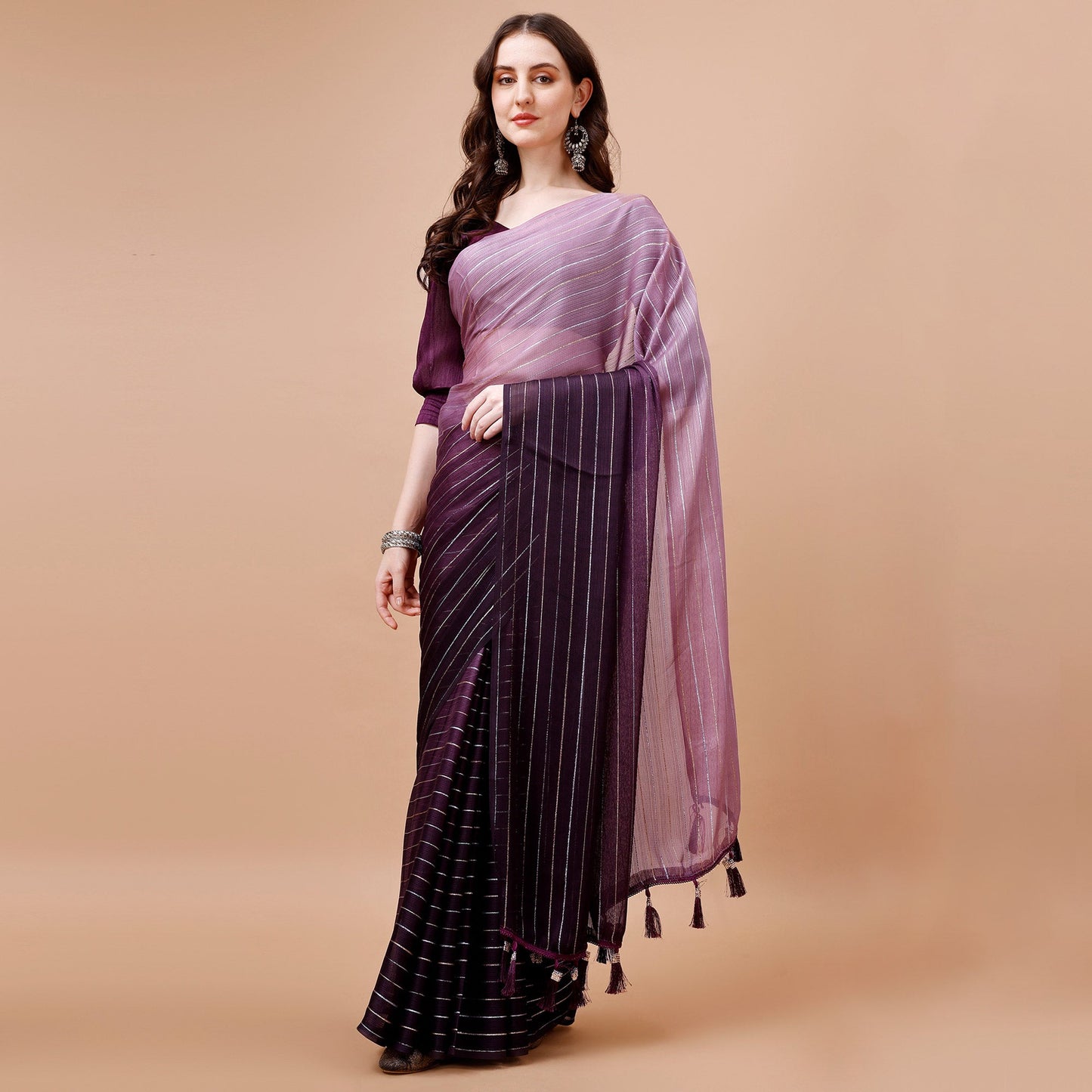 Wine Zari Woven Chiffon Saree