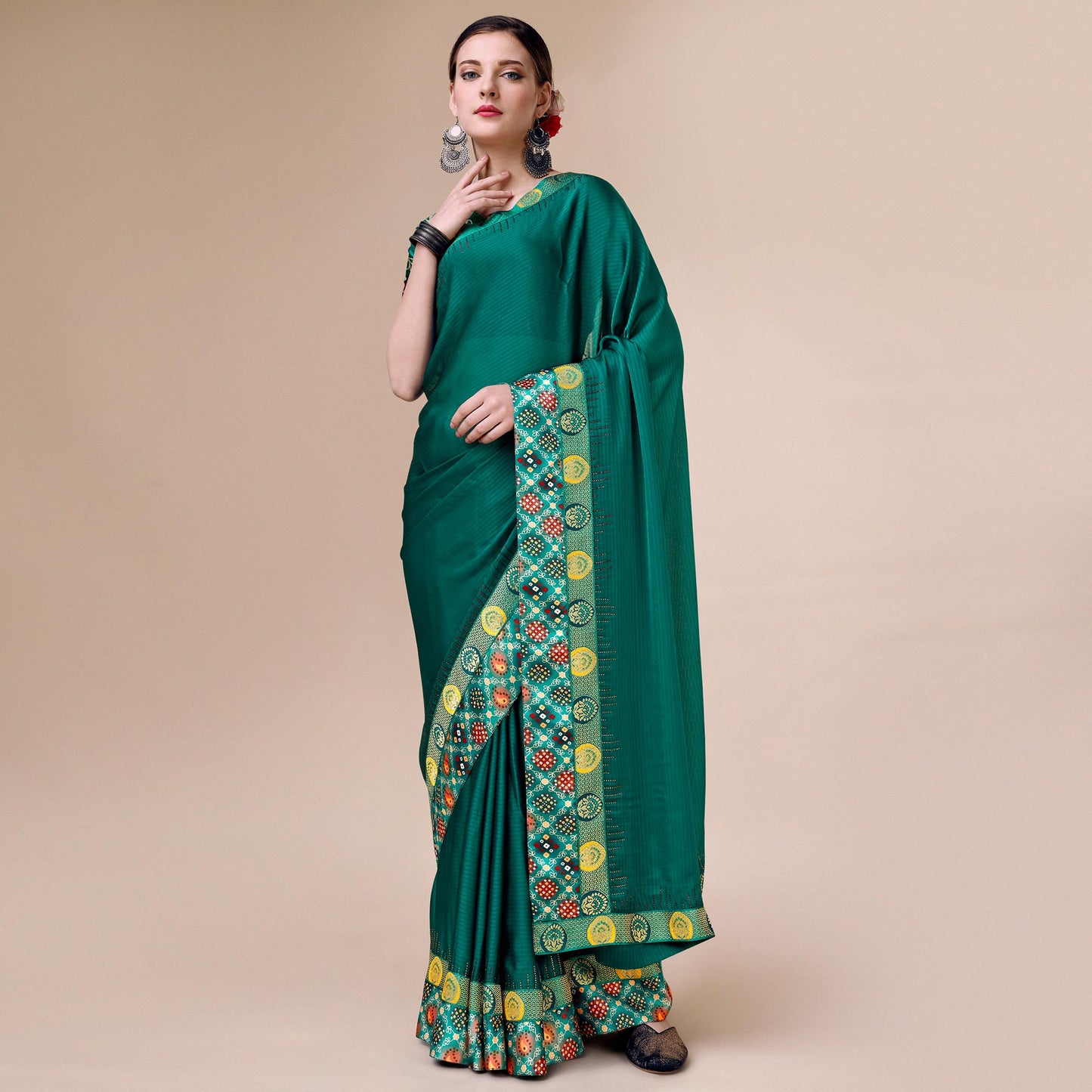 Rama Green Swarovski With Bandhani Printed Border Art Silk Saree