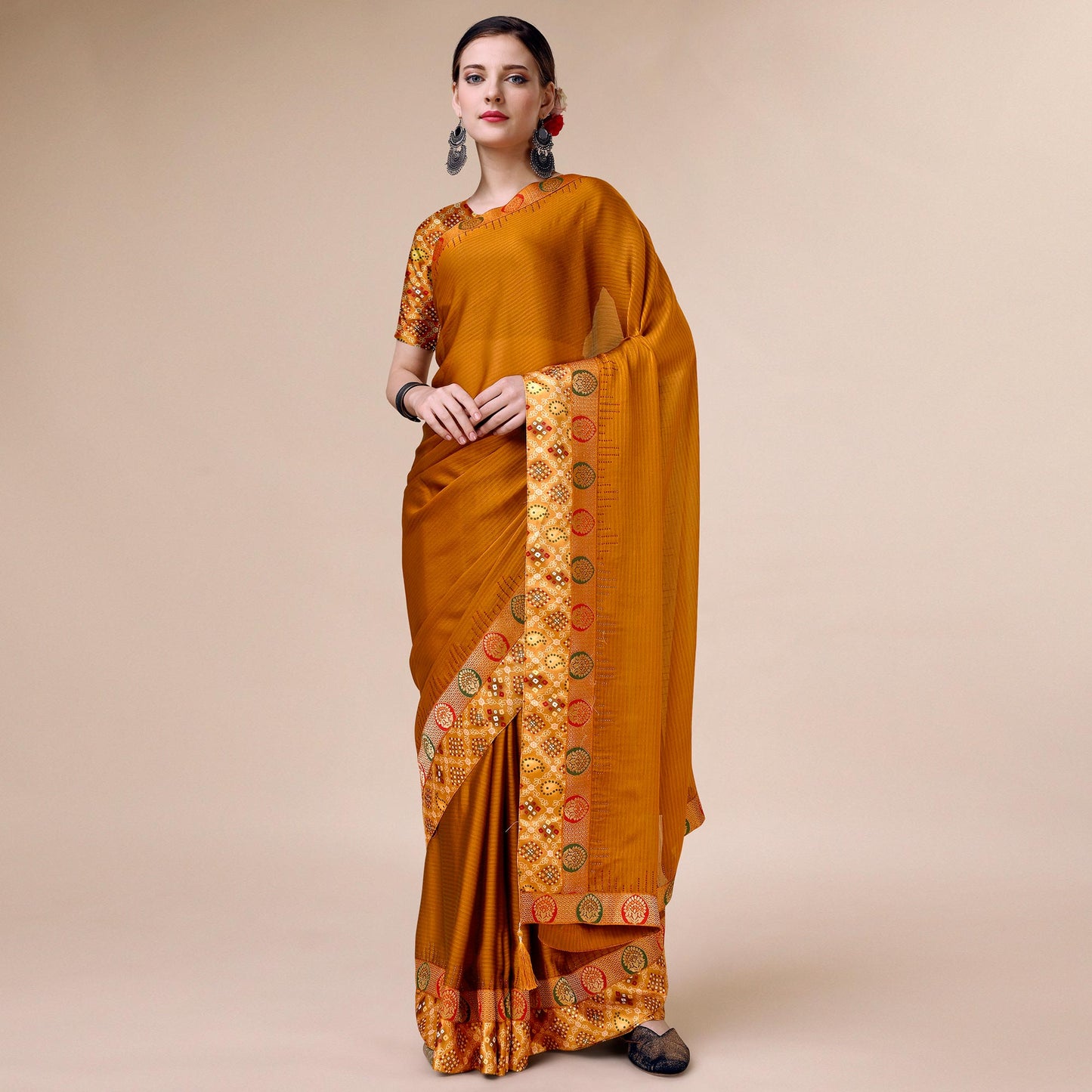 Mustard Swarovski With Bandhani Printed Border Art Silk Saree