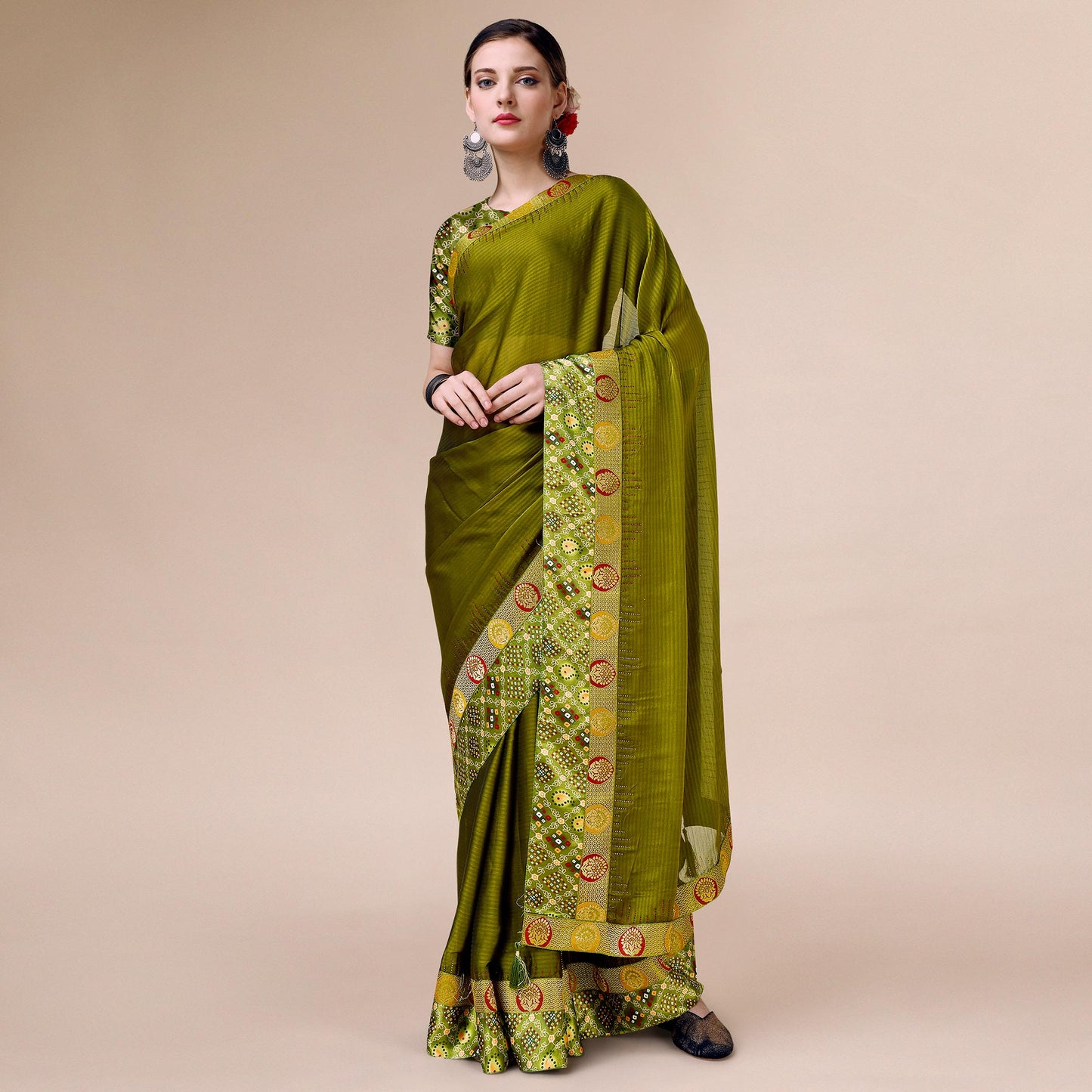 Mehendi Green Swarovski With Bandhani Printed Border Art Silk Saree