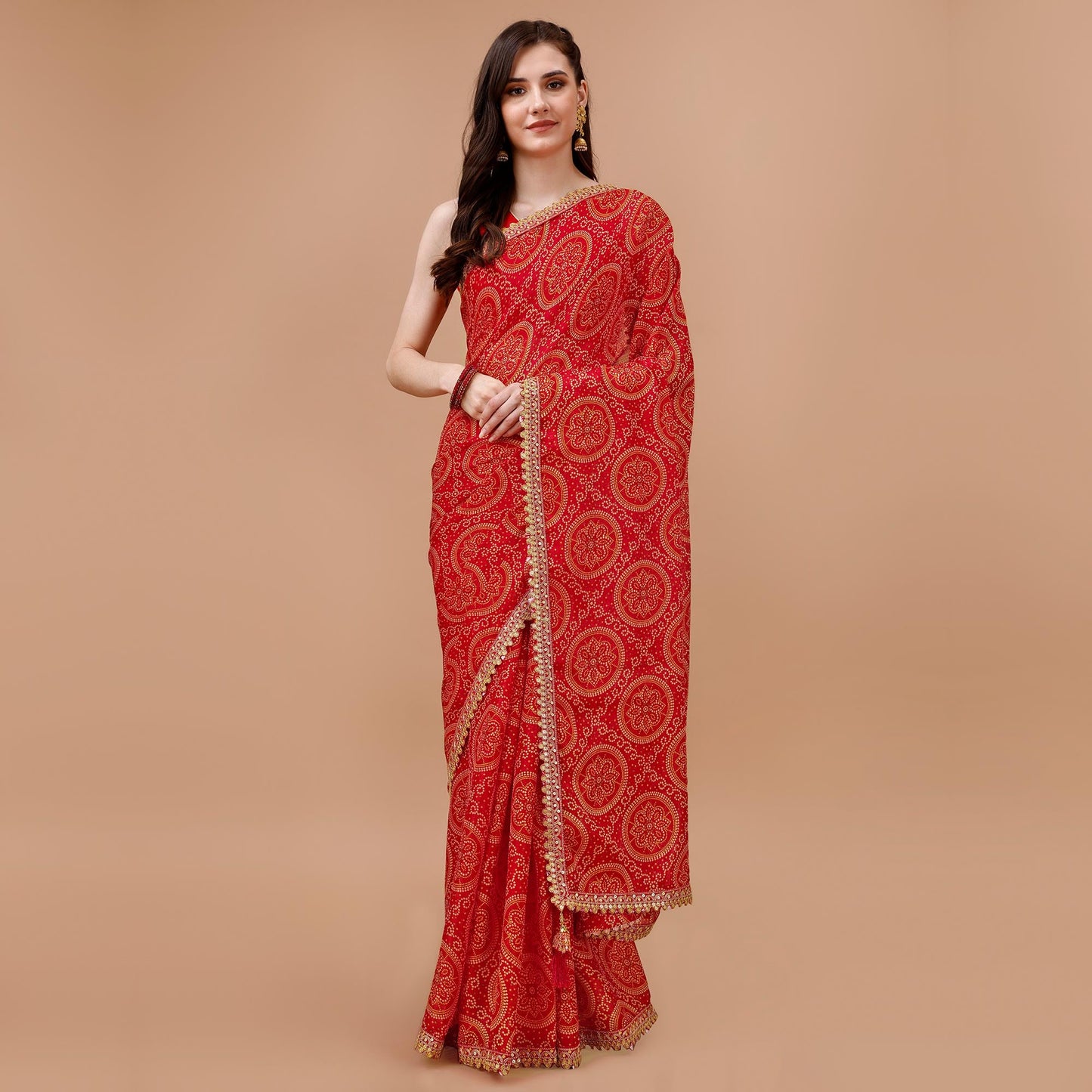 Red Bandhani Printed Chiffon Saree