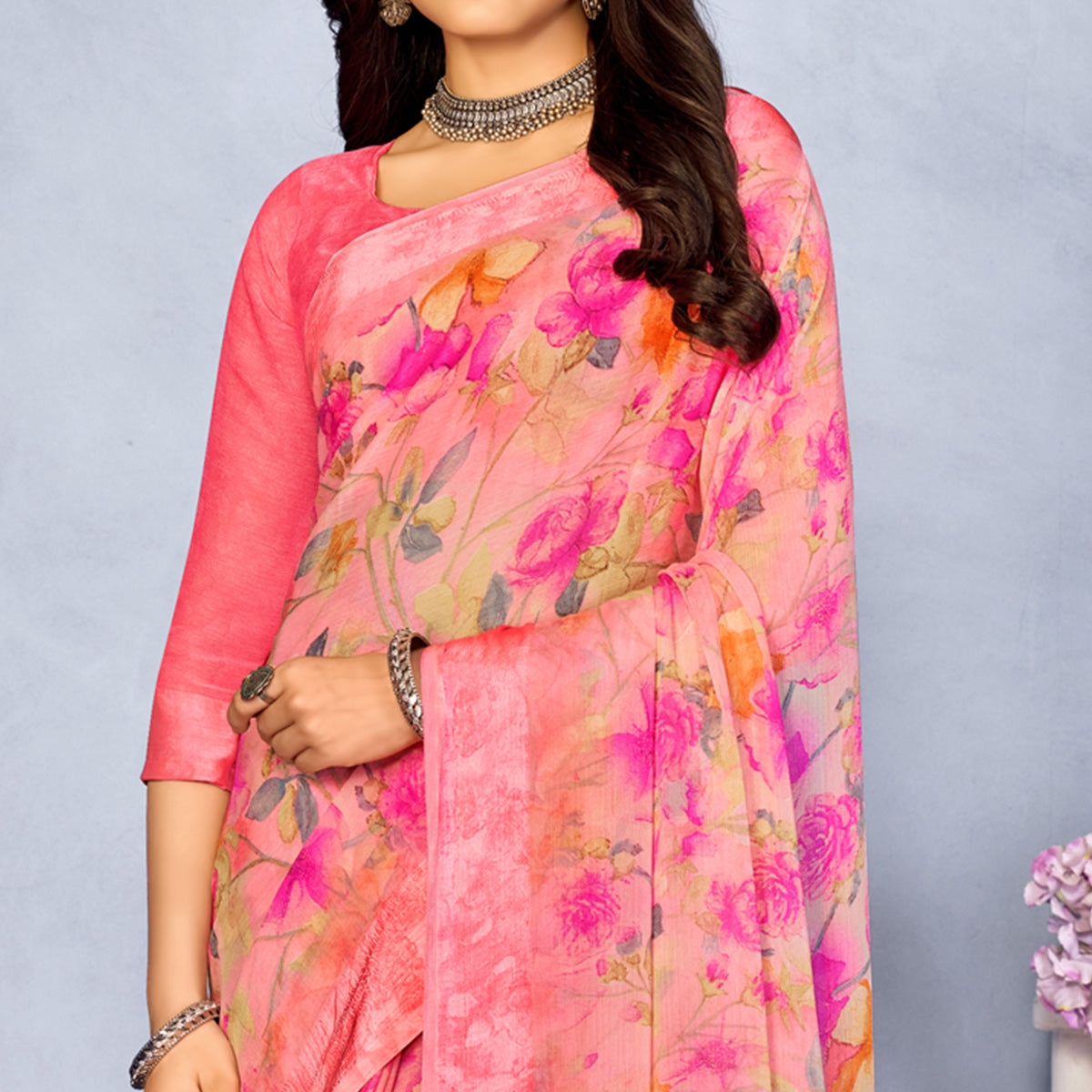 Salmon Pink Floral Digital Printed Chiffon Saree