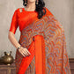 Orange Printed Chiffon Saree With Woven Border