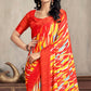 Red Printed Chiffon Saree With Woven Border