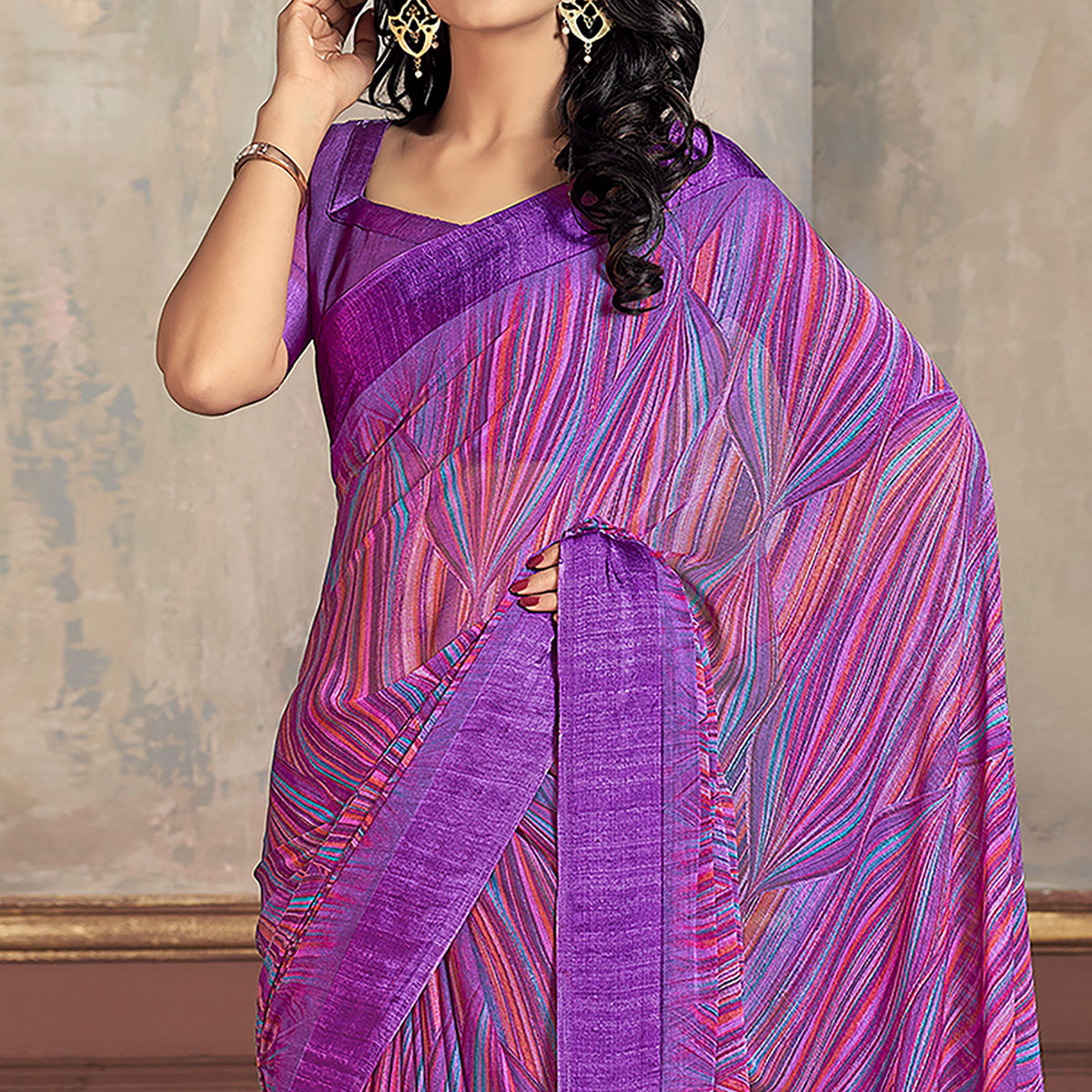 Purple Printed Chiffon Saree With Woven Border