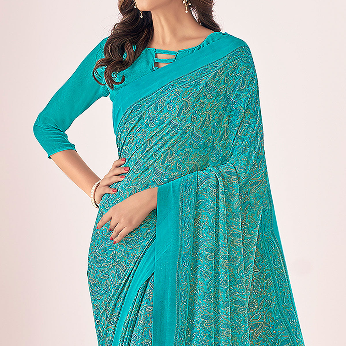 Rama Blue Printed Georgette Saree