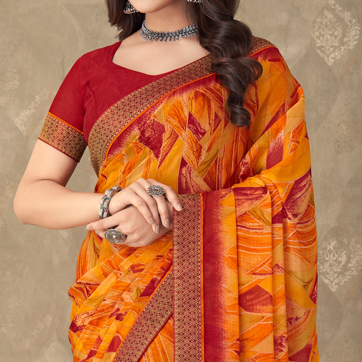 Orange Digital Printed Chiffon Saree With Lace Border