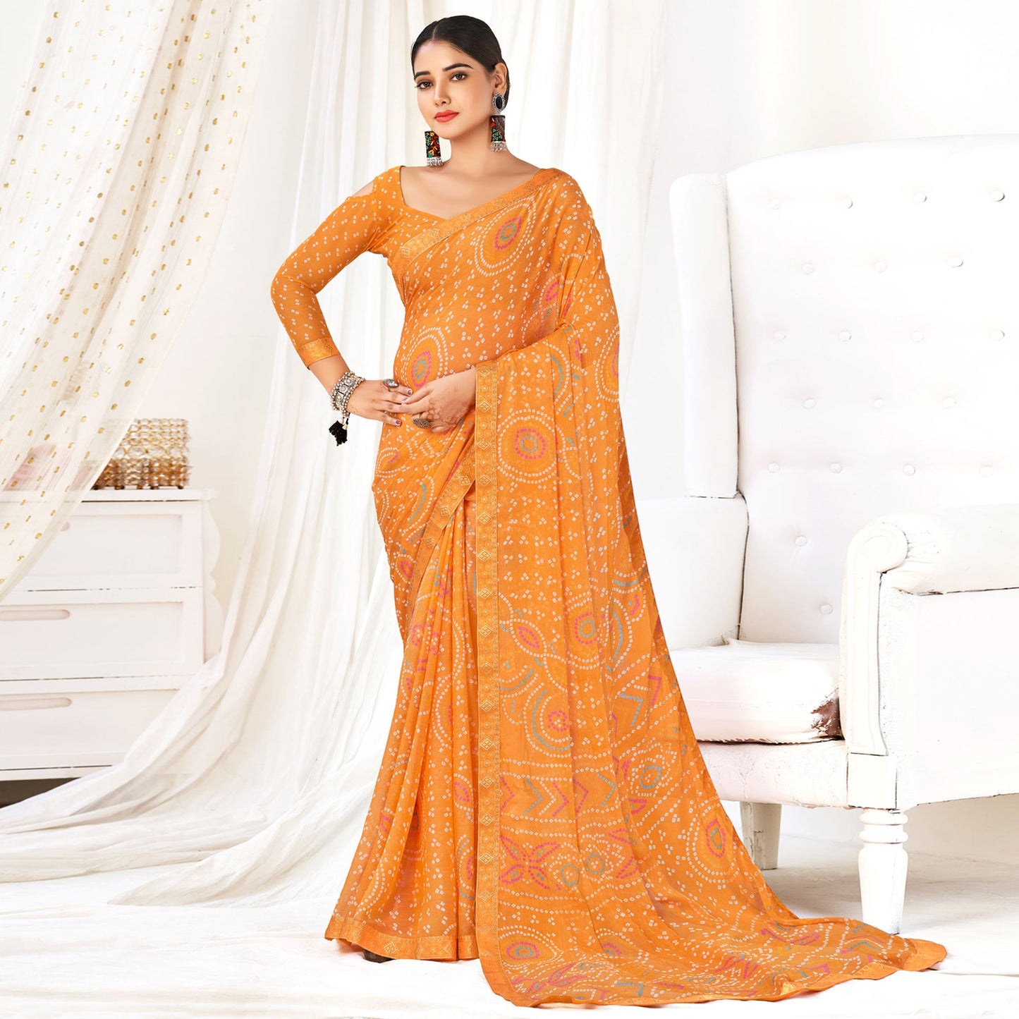 Orange Bandhani Printed Chiffon Saree