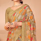 Chikoo Printed Chiffon Saree With Lace Border