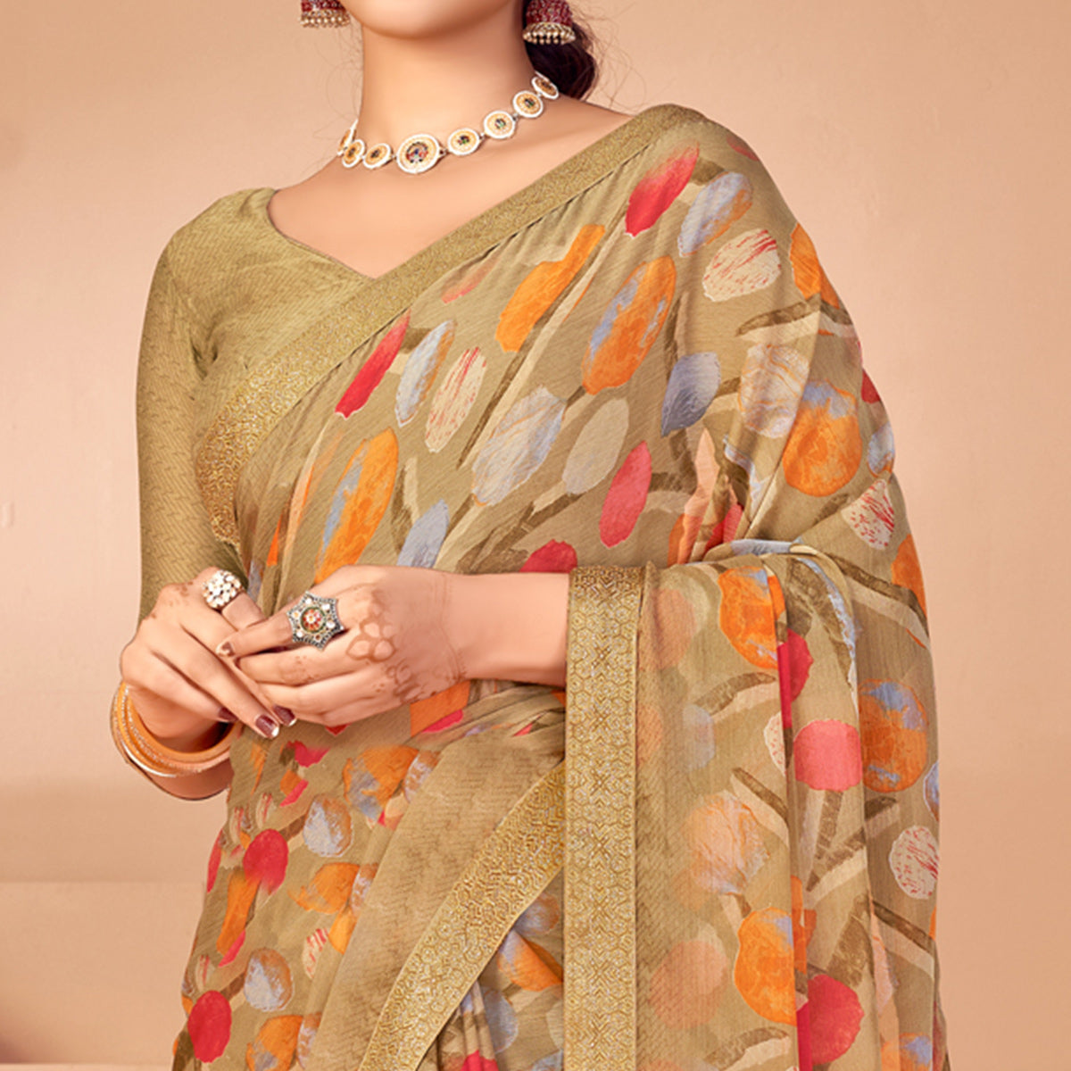 Chikoo Printed Chiffon Saree With Lace Border