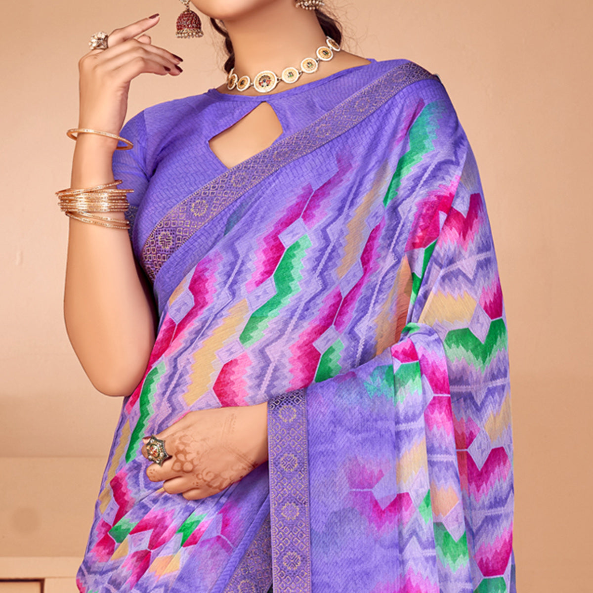 Purple Printed Chiffon Saree With Lace Border