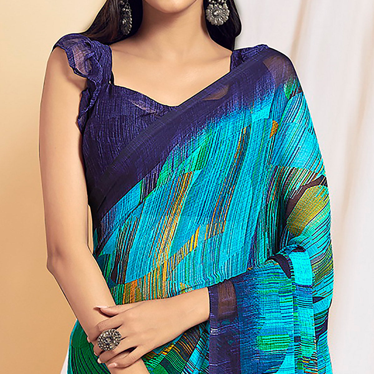 Blue Printed Chiffon Saree