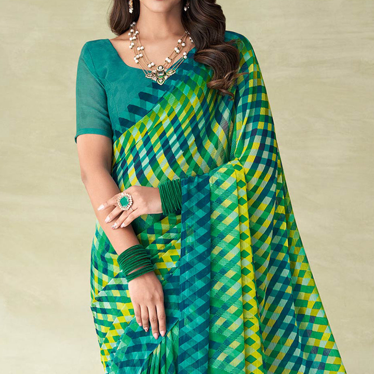 Sea Blue Geometric Printed Chiffon Saree