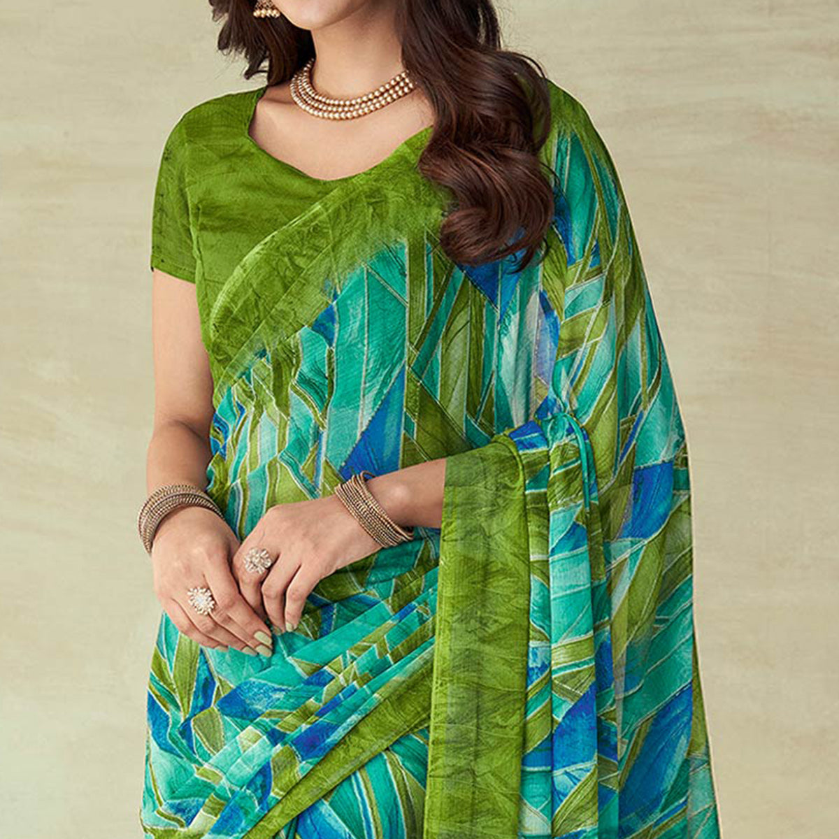 Green Abstract Printed Chiffon Saree