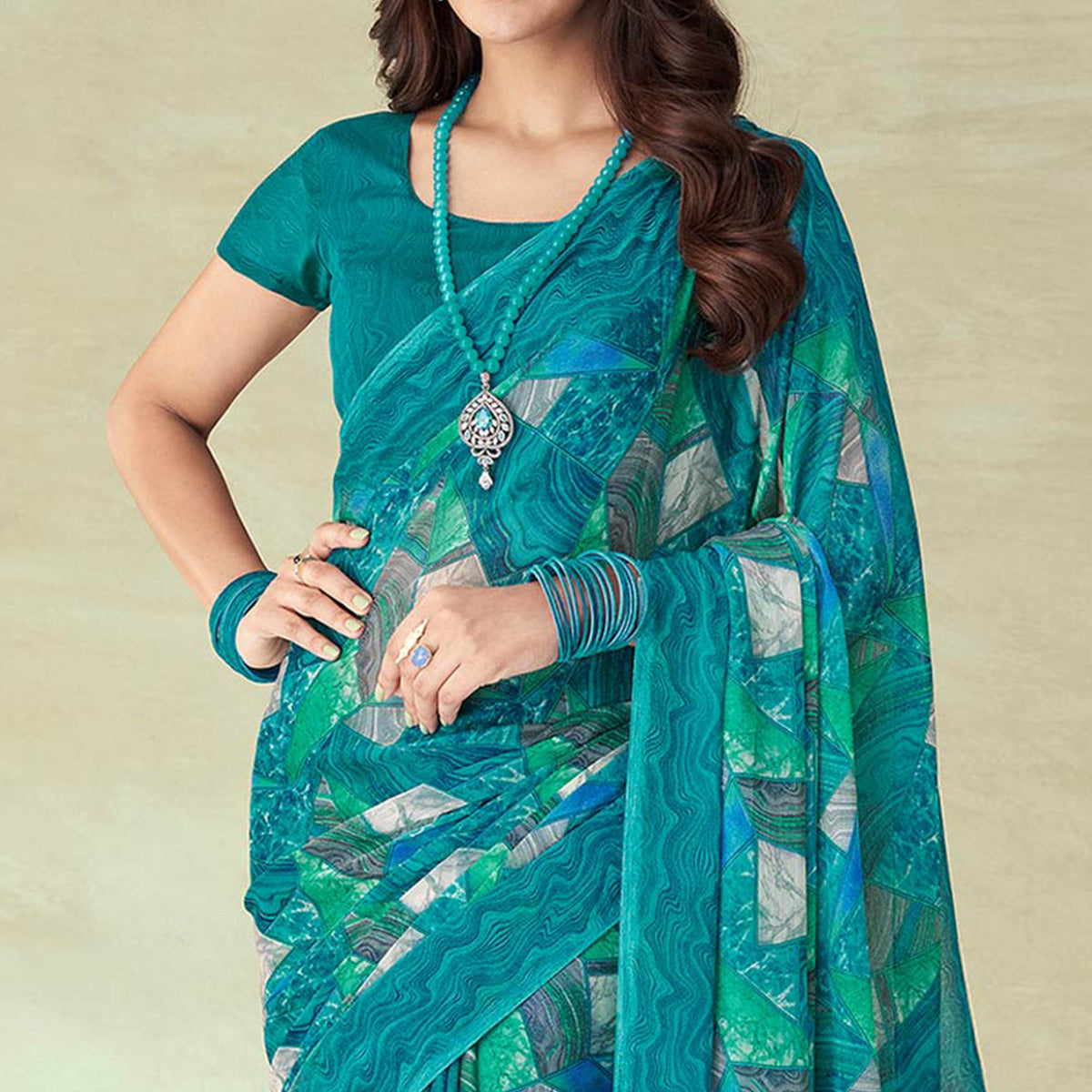 Rama Blue Geometric Printed Chiffon Saree