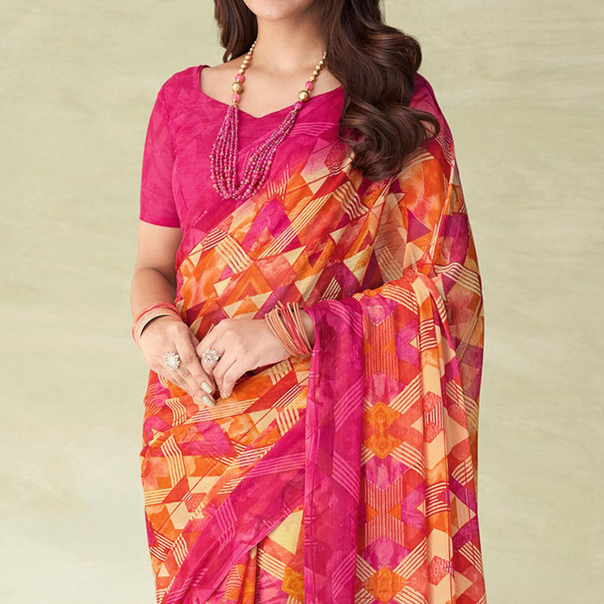 Yellow & Pink Geometric Printed Chiffon Saree