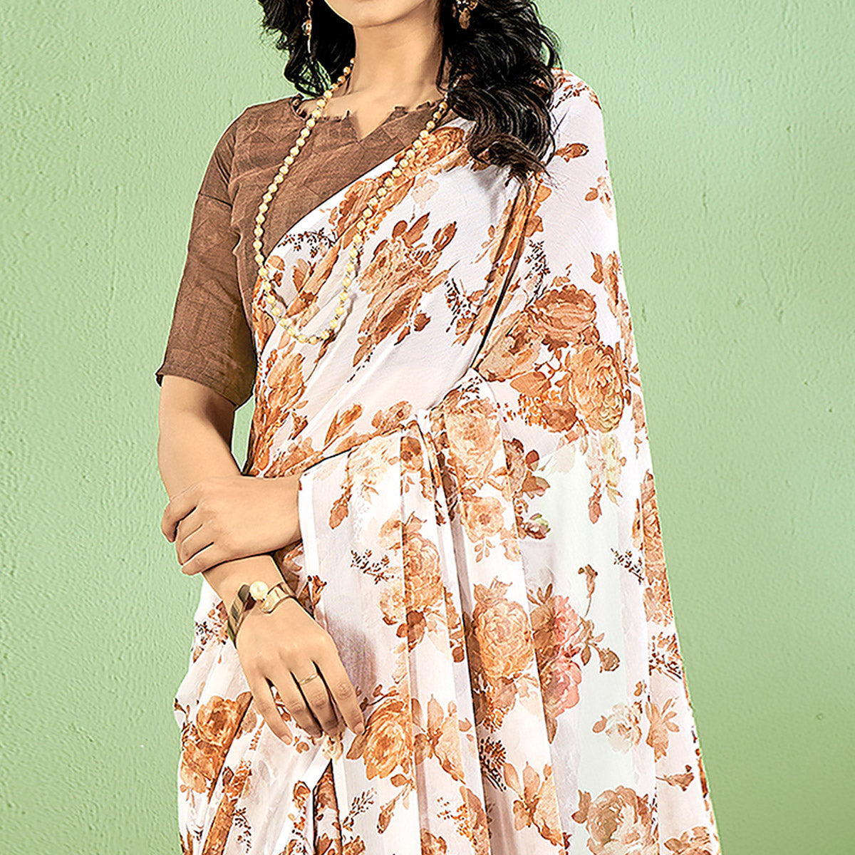 Brown Floral Printed Chiffon Saree