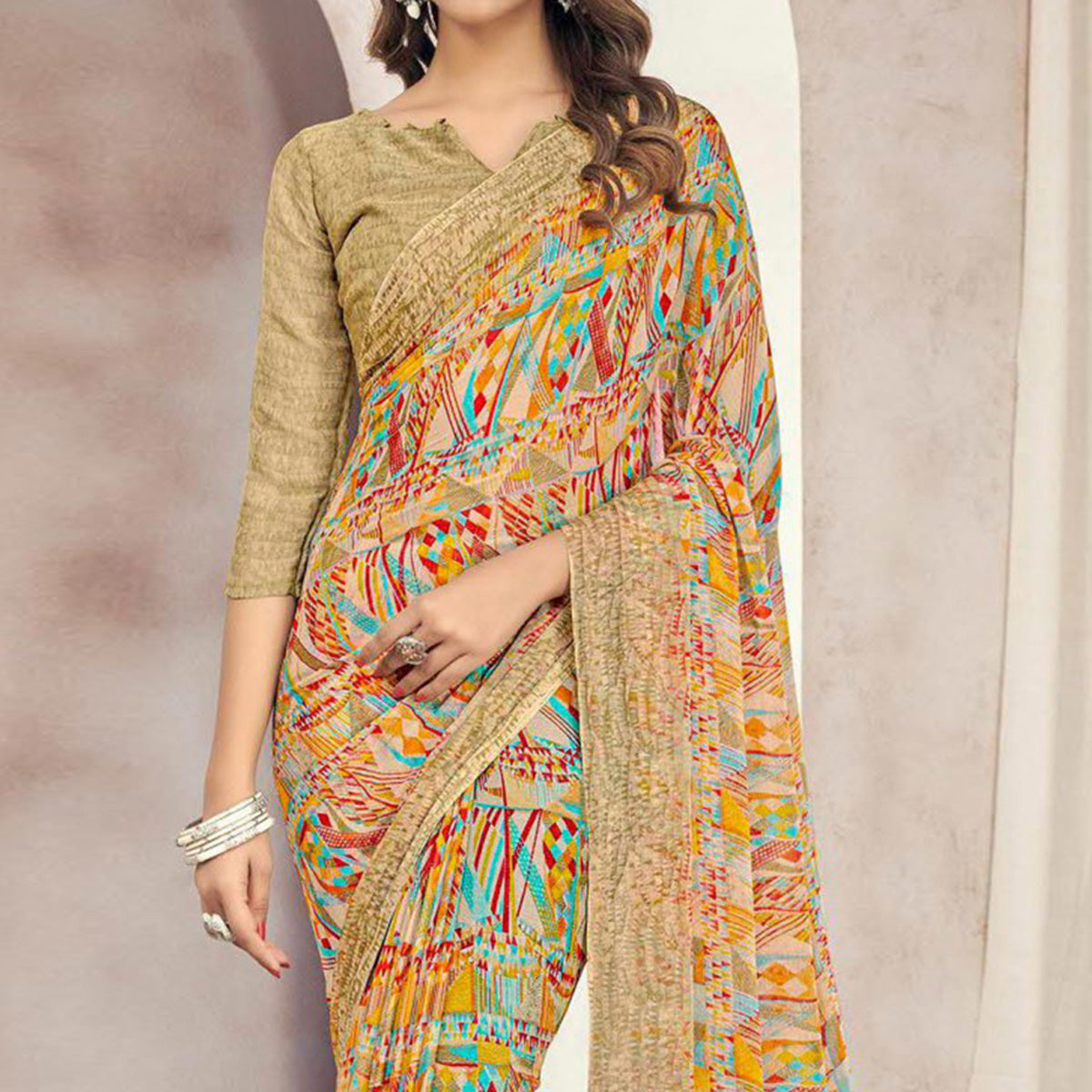 Chikoo Printed Chiffon Saree