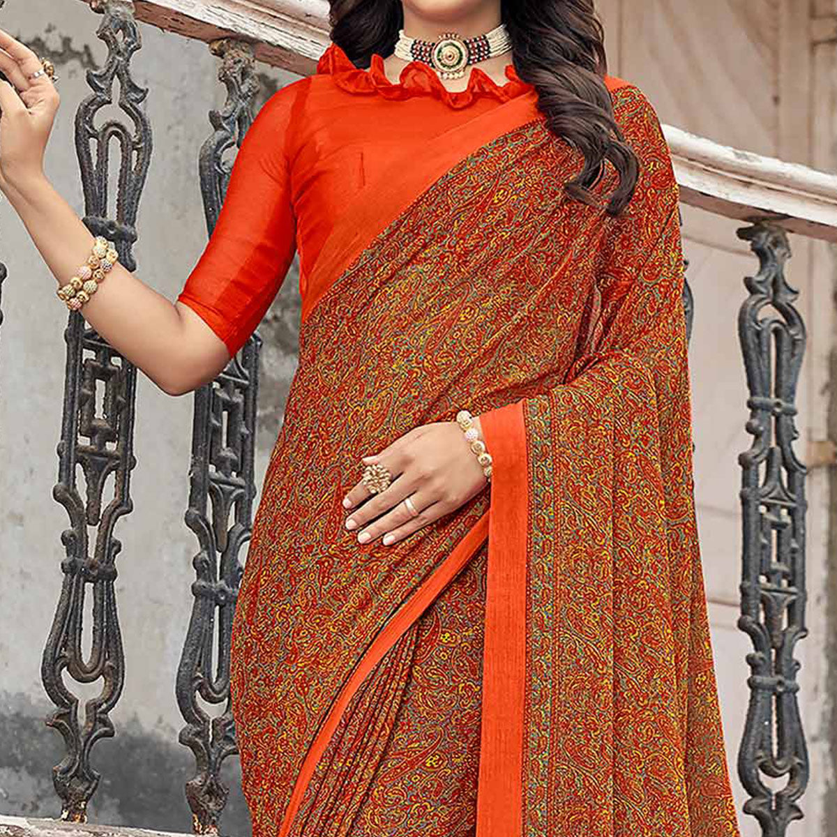 Orange Floral Printed Chiffon Saree