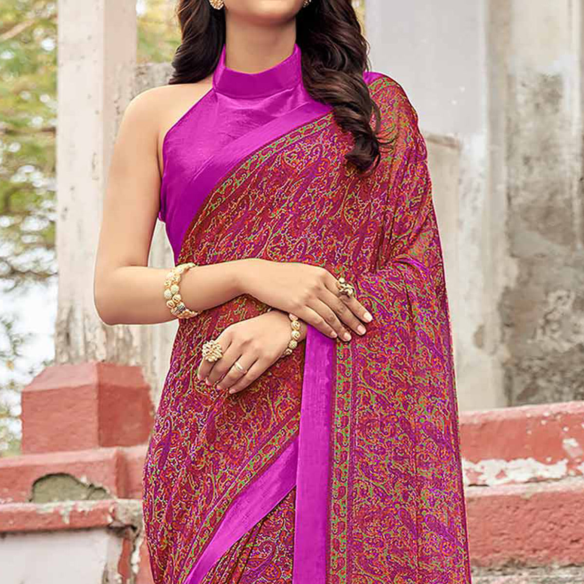 Purple Floral Printed Chiffon Saree