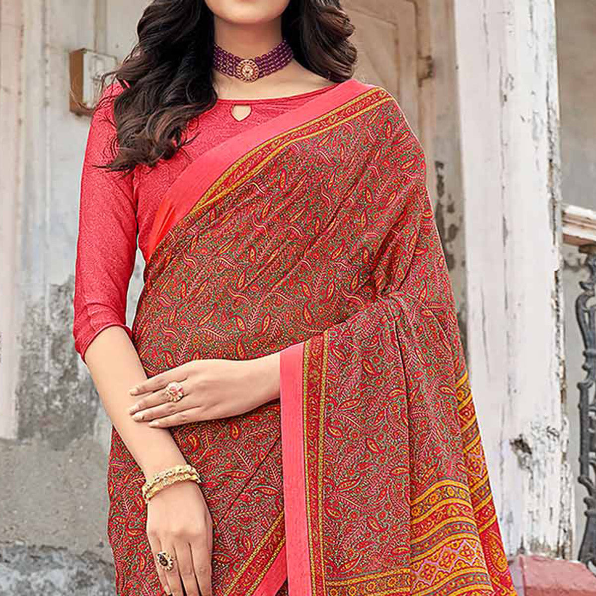 Salmon Pink Floral Printed Chiffon Saree