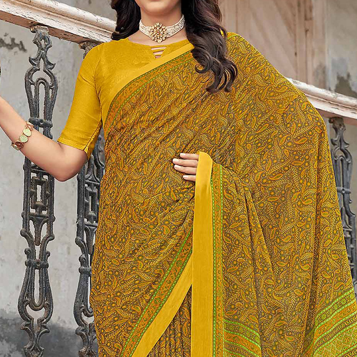 Mustard Floral Printed Chiffon Saree