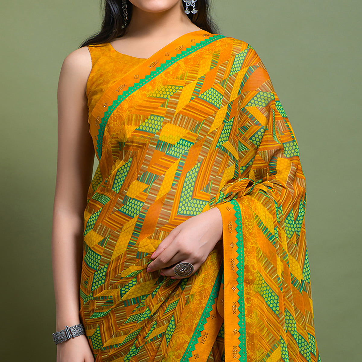 Mustard Geometric Printed Chiffon Saree