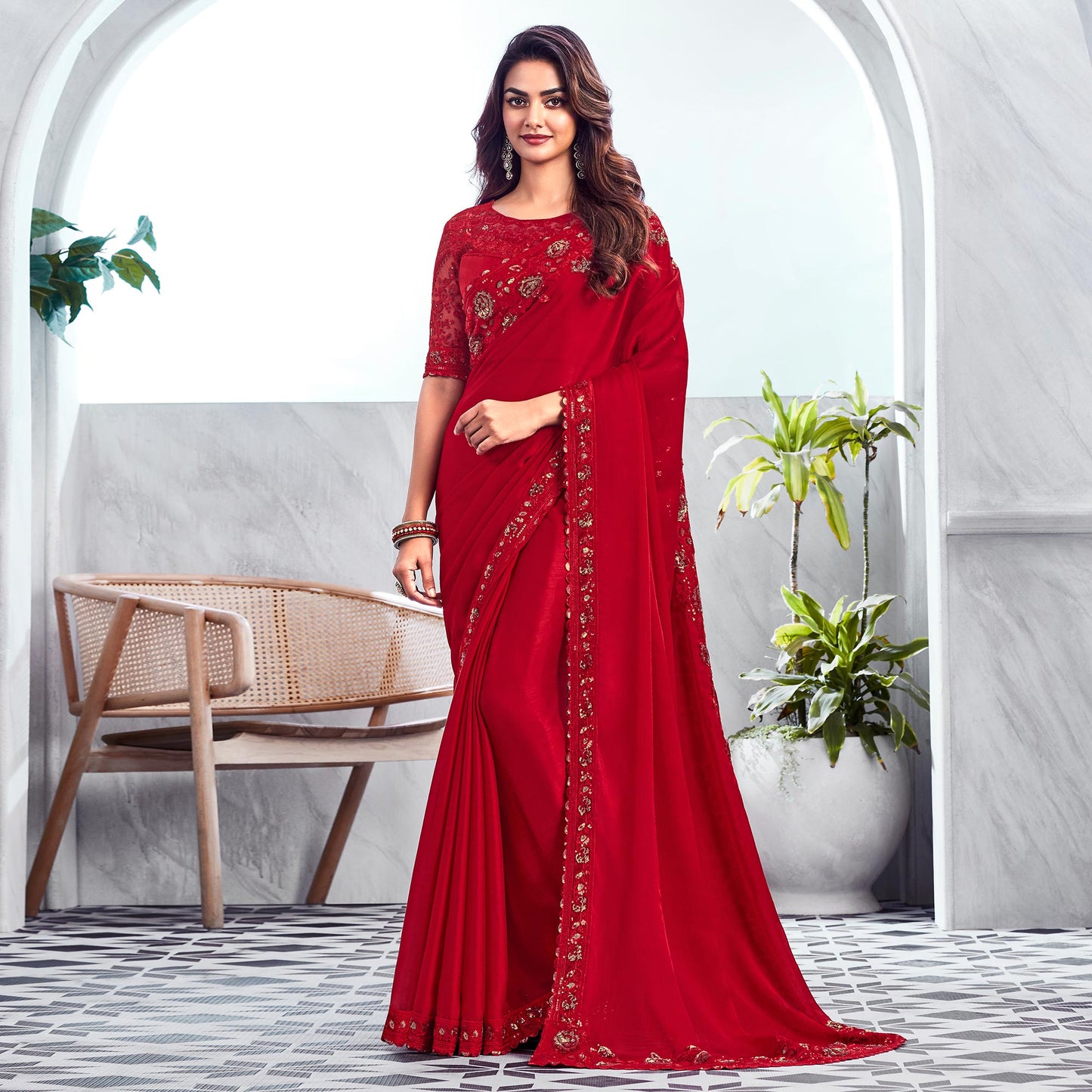 Cherry Red Floral Sequins Embroidered Chiffon Saree