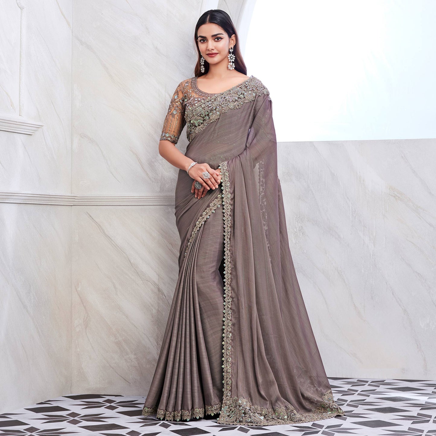 Grey Floral Sequins Embroidered Georgette Saree