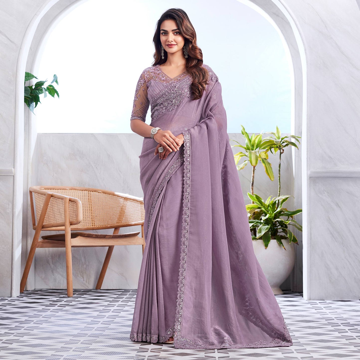 Lavender Floral Sequins Embroidered Georgette Saree