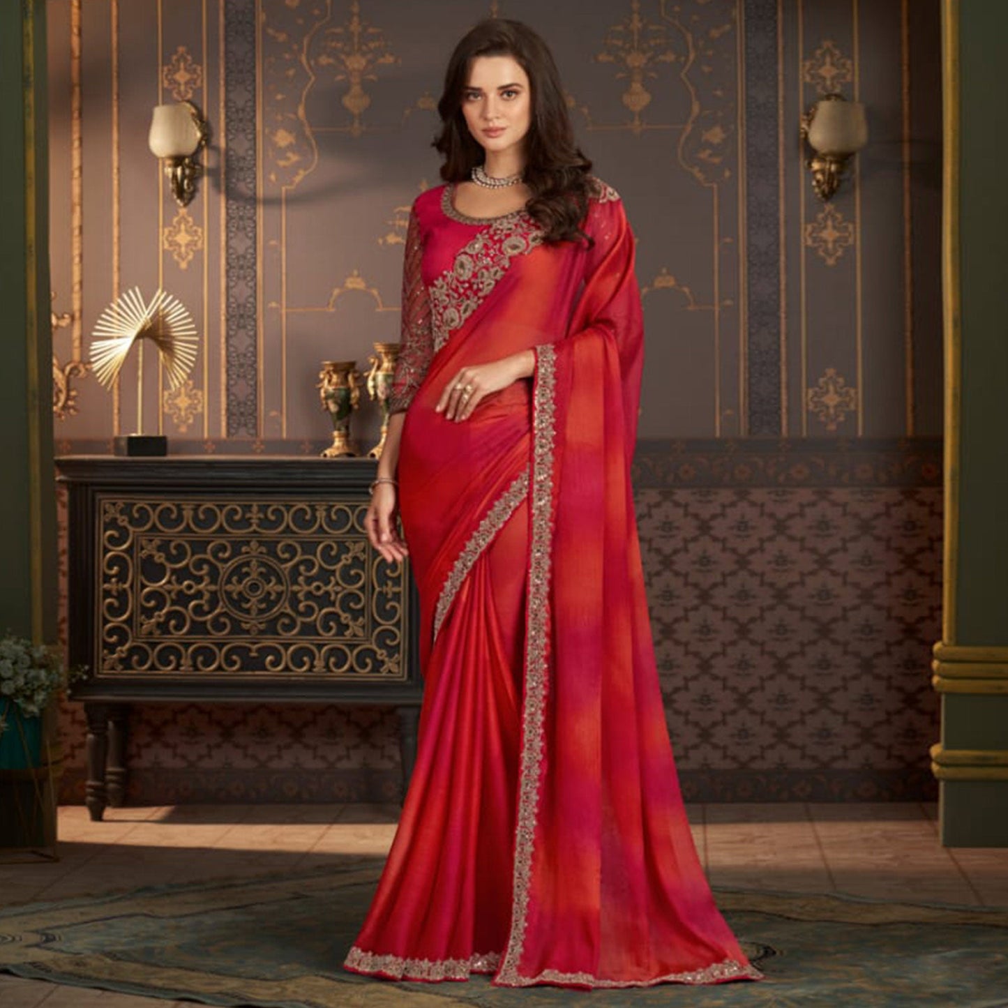 Red Embroidered Chiffon Saree