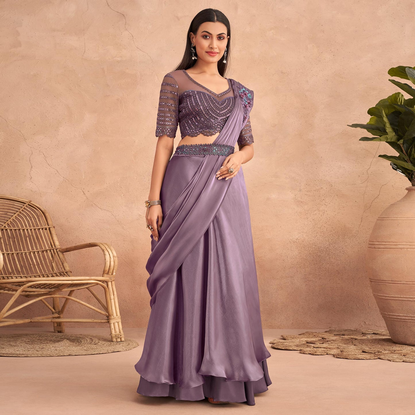 Mauve Sequins Embroidered Ready To Wear Art Silk Saree