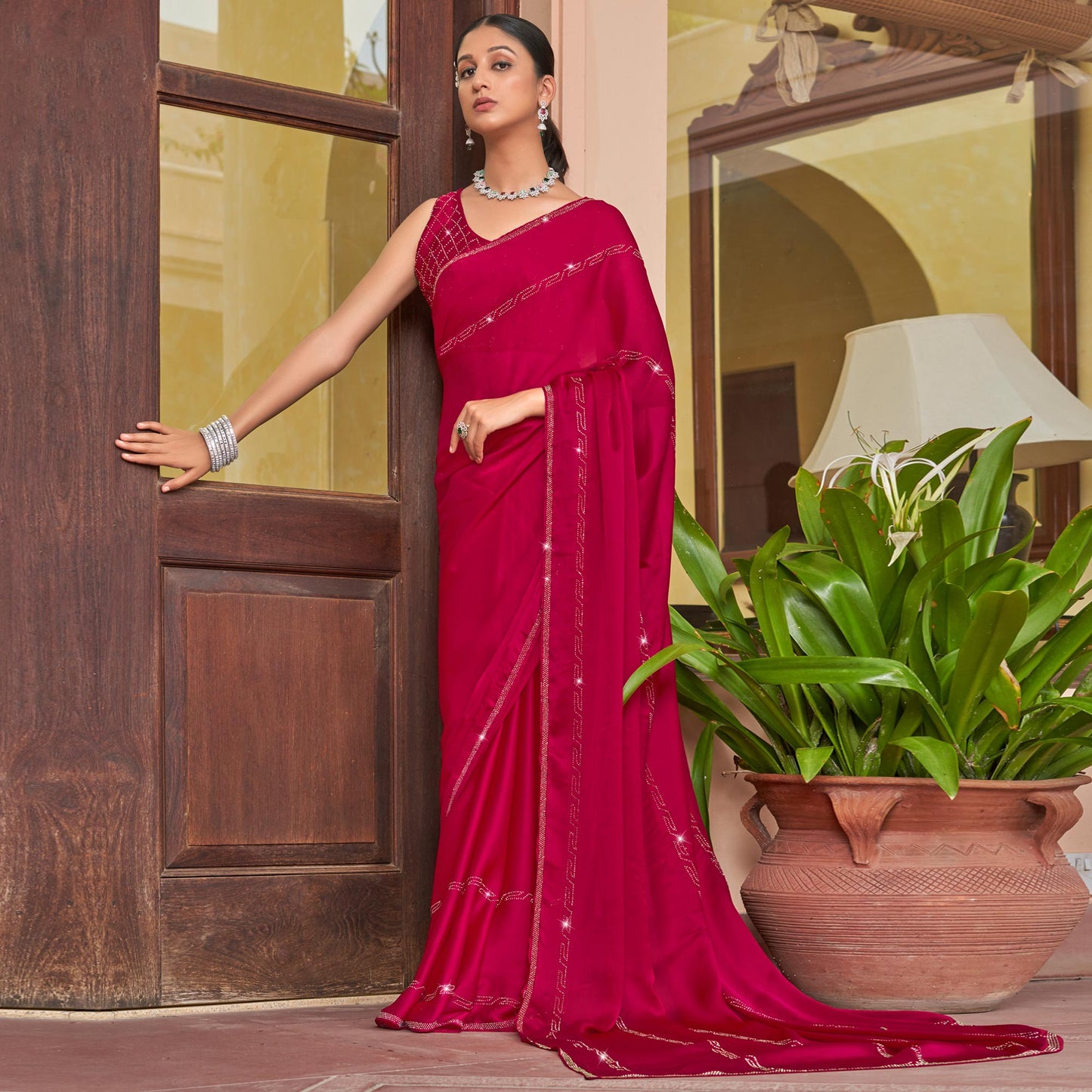 Pink Swarovski Work Georgette Saree