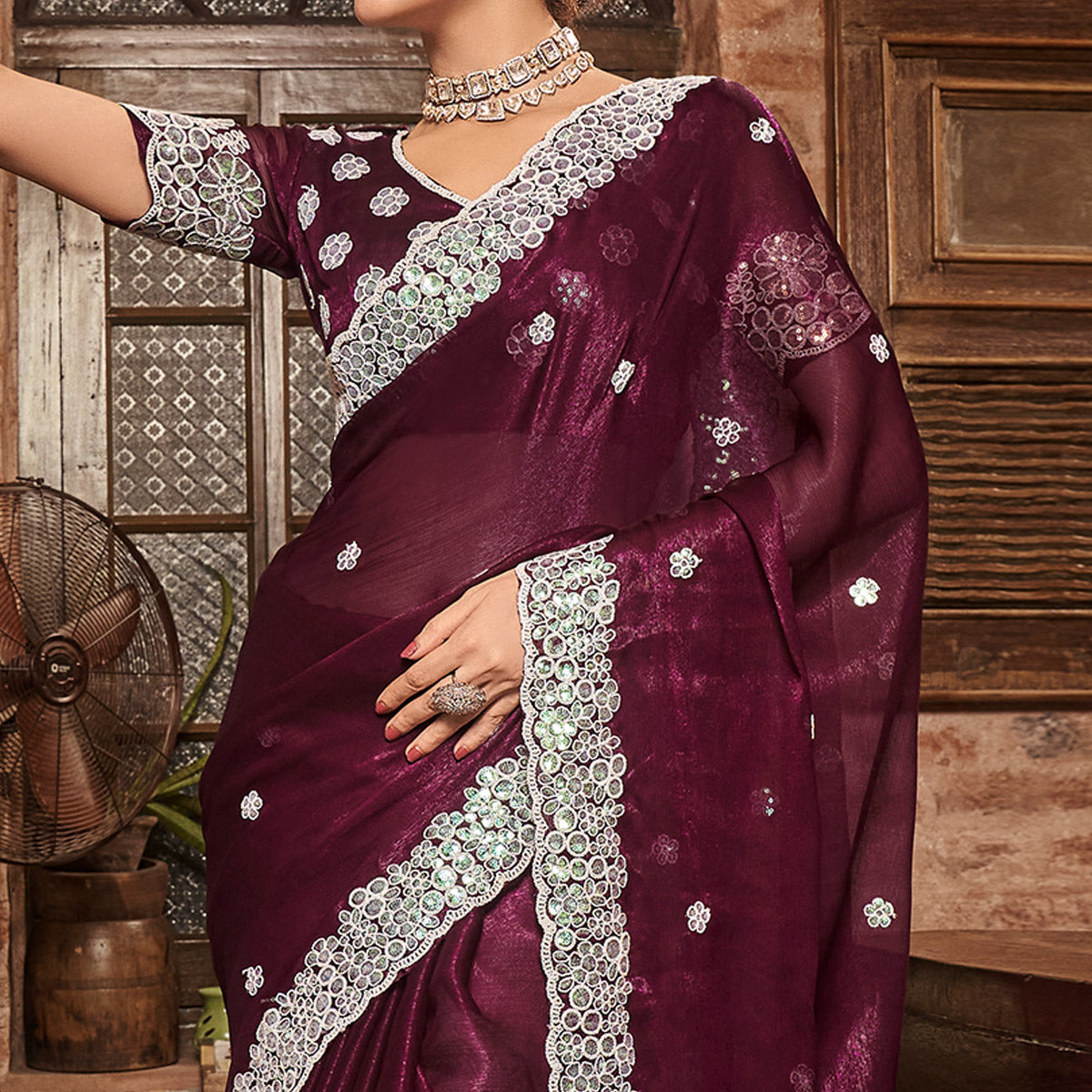 Wine Sequins With Embroidered Chiffon Saree