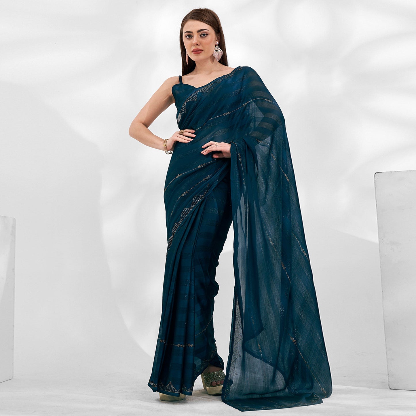 Morpich Blue Embroidered Swaroski Work Chiffon Saree