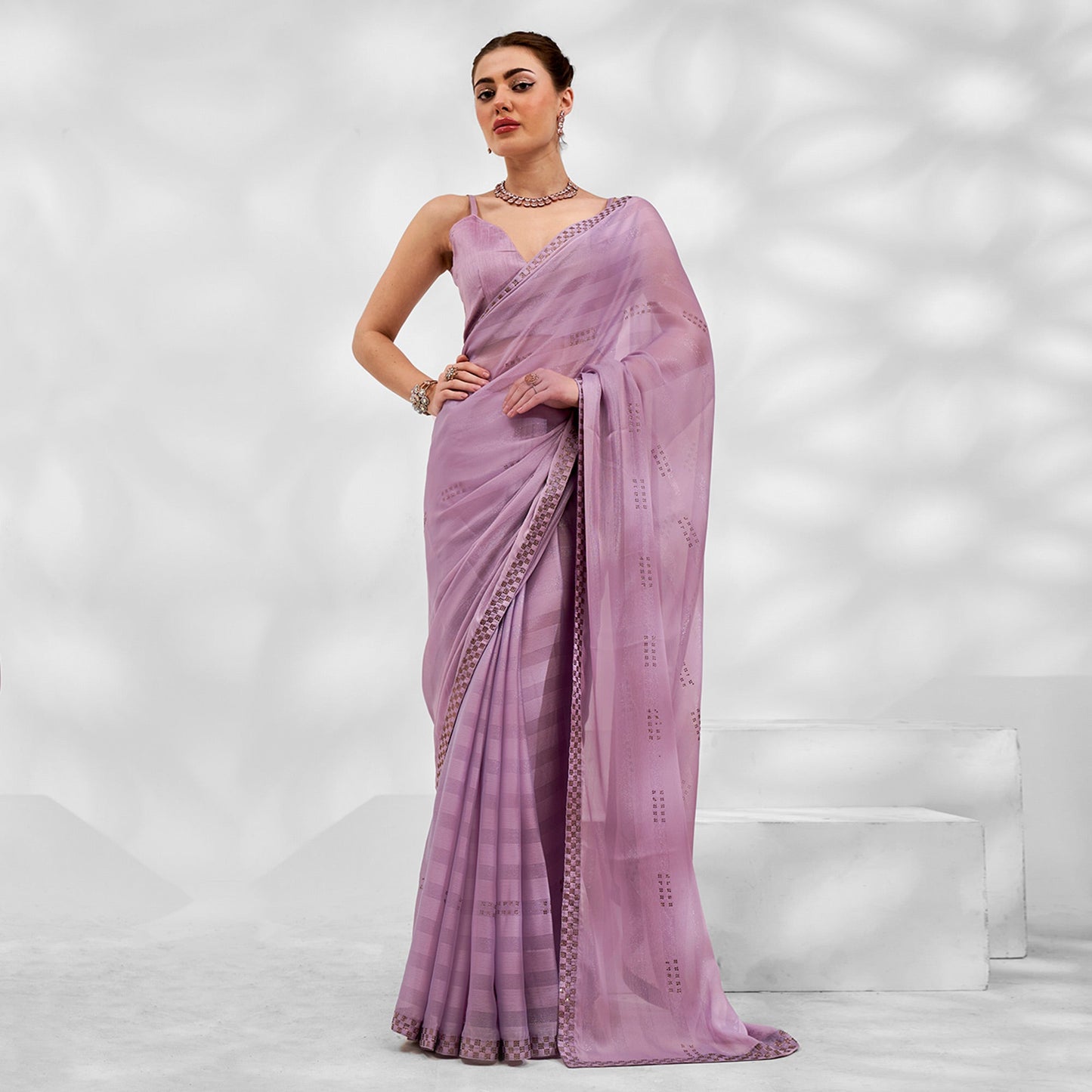 Light Purple Embroidered Swaroski Work Chiffon Saree