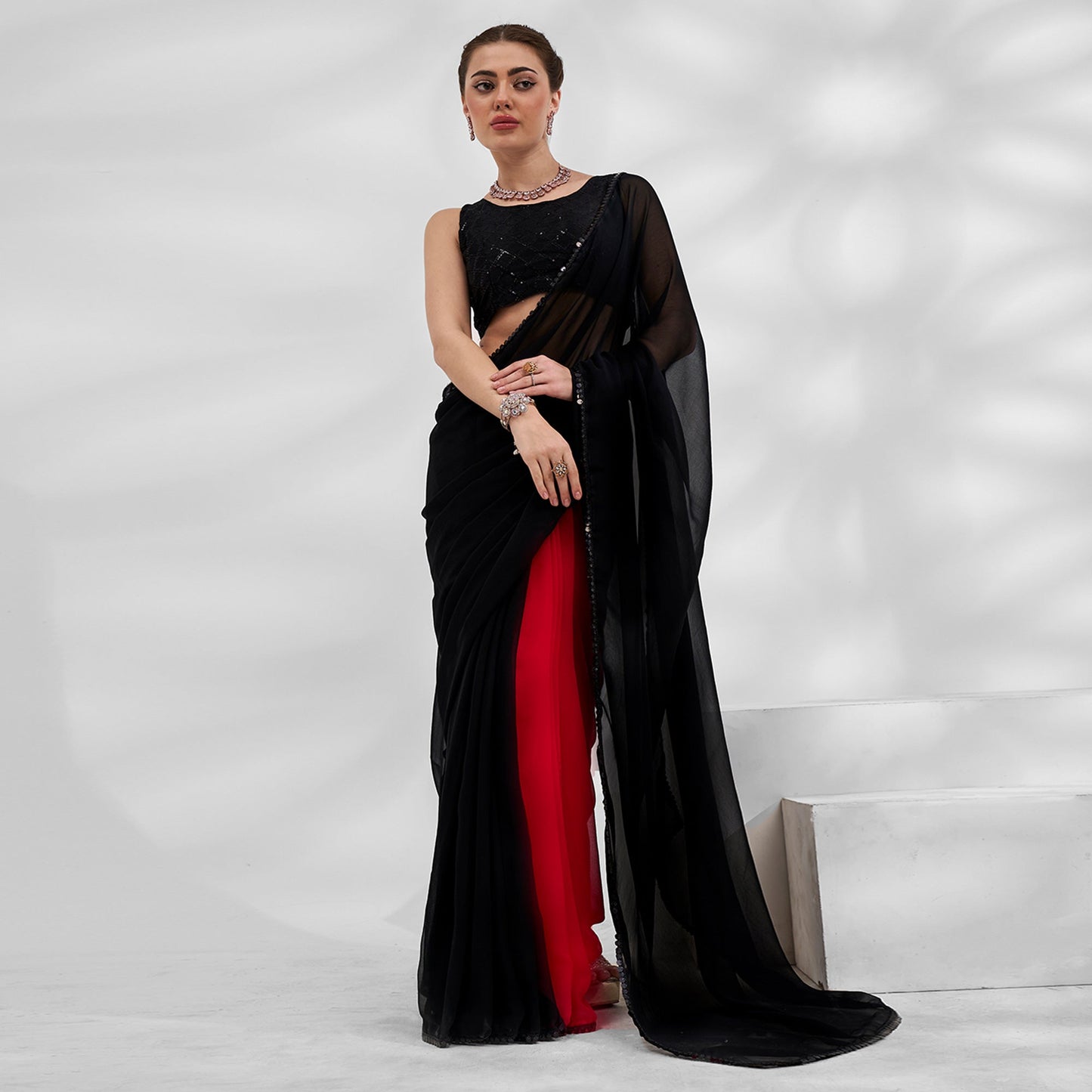 Black & Red Solid Georgette Saree