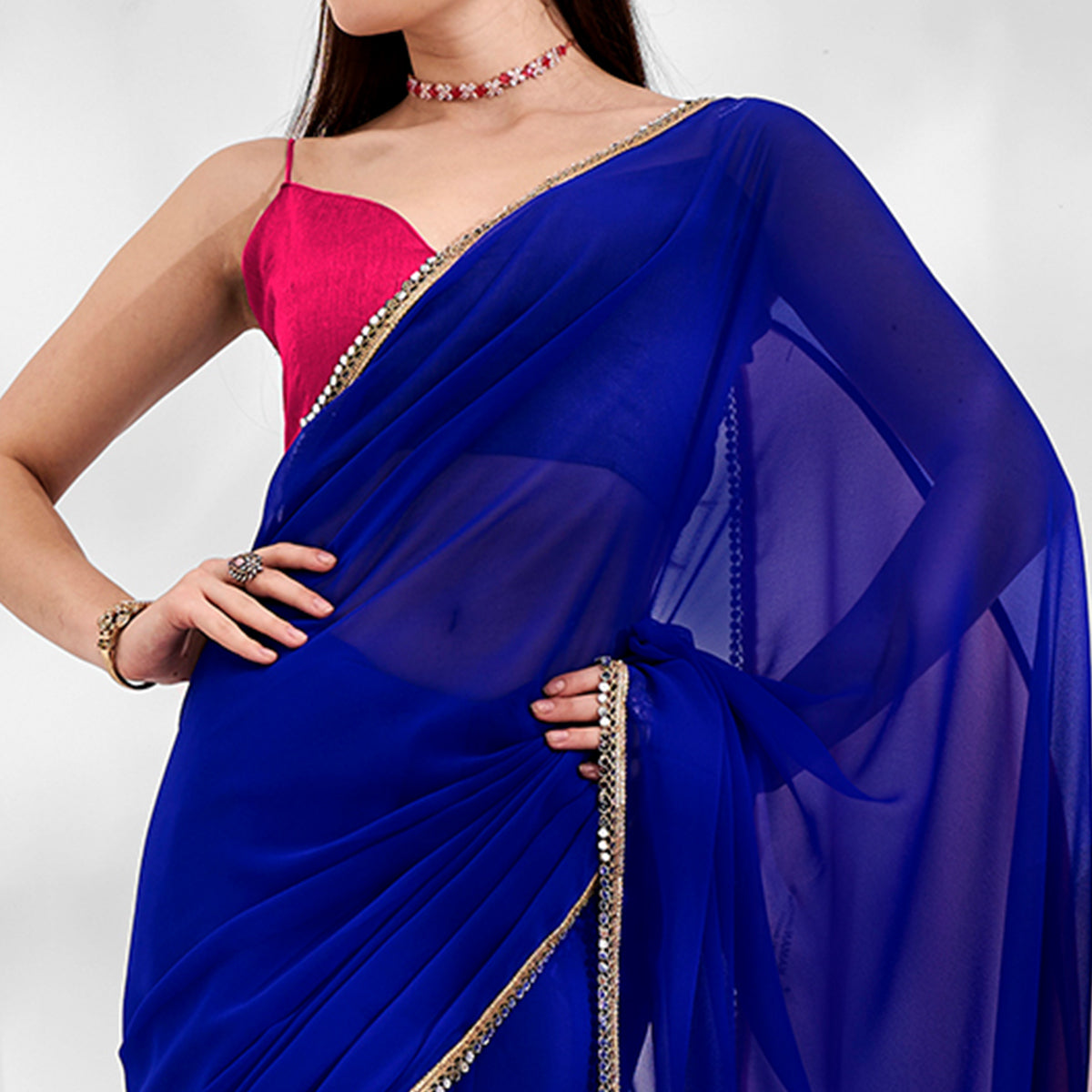 Blue & Pink Solid Georgette Designer Saree