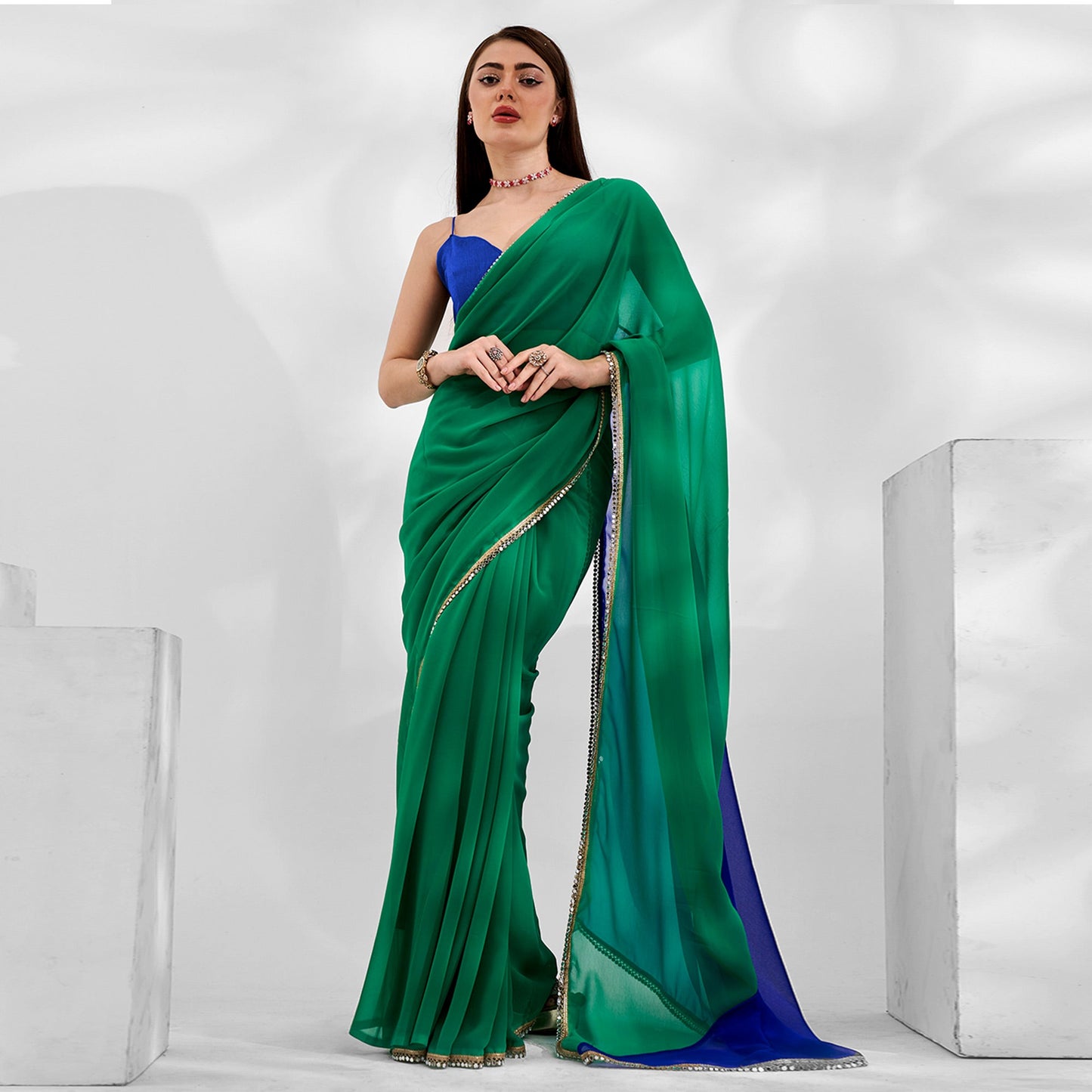 Green & Blue Solid Georgette Designer Saree