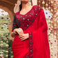 Red Solid With Embroidered Border Chiffon Saree