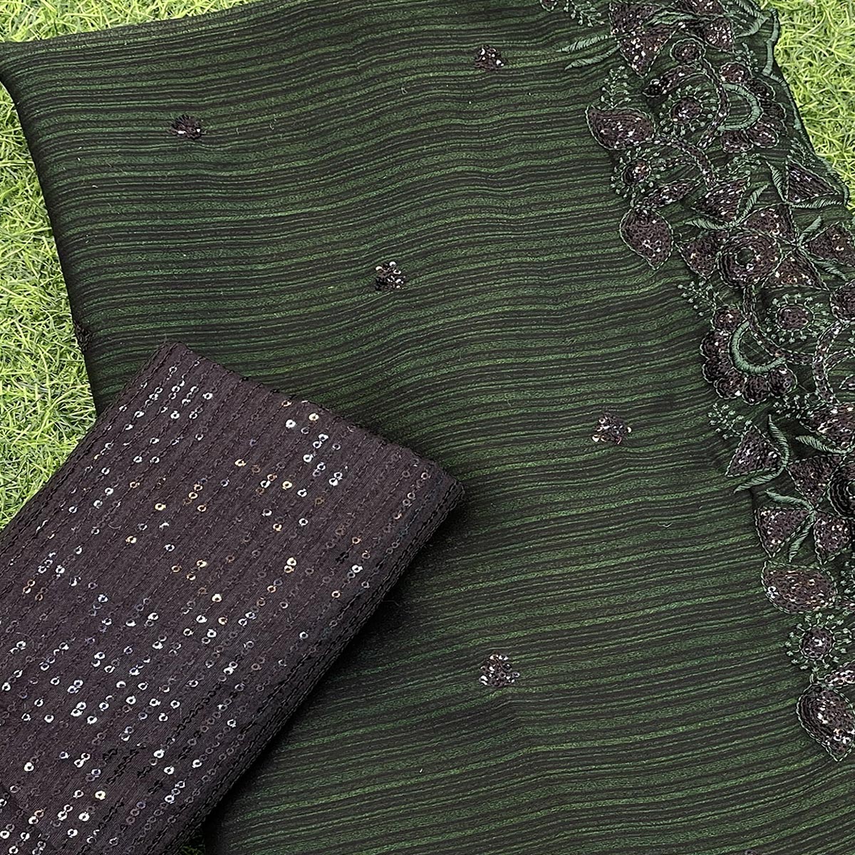 Dark Green Sequins Embroidered Chiffon Saree